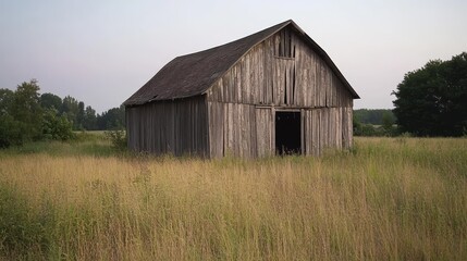 A rustic wooden barn stands in a field of tall grass under a soft sky.