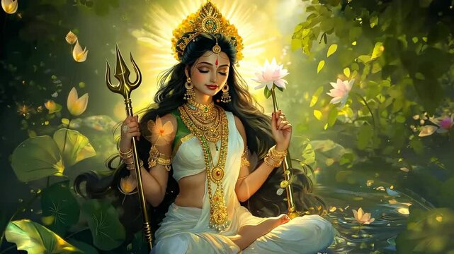 Divine Goddess Durga Meditating in a Serene and Mystical Nature Setting