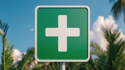 Obraz premium A vibrant green first aid sign against a tropical backdrop, symbolizing health and emergency care services.