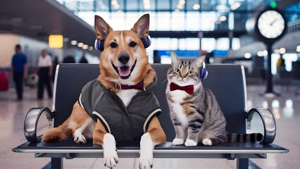A dog and a cat are sitting on a bench in an airport waiting for their flight