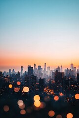 city skyline at sunset with bokeh lights