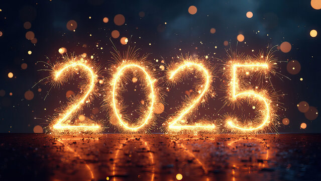 happy new year sparkling fireworks forming number 2025 on dark background with glowing particles