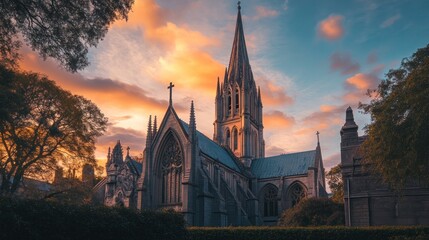 A gothic-style church silhouette against a sunset sky with vibrant clouds.