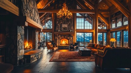 Cozy mountain lodge interior with stone fireplace and large windows showcasing scenic views.