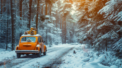 Cute red small retro car, adorned with Christmas gifts and decorations, drives along magical snowy country road in winter forest. It evokes charm of Merry Christmas and Happy New Year vintage postcard