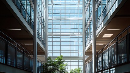 Obraz premium A modern atrium with glass walls and greenery, promoting natural light and open space.
