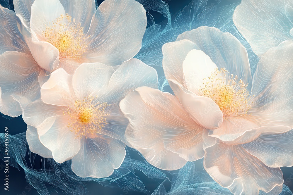 Wall mural Delicate White Flowers with Intricate Veining on a Blue Background