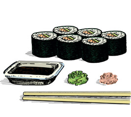 basic maki sushi salmon avocado with wasabi ginger and soy souce delicious food asian japanees restaurant dish draw linear illustration isolated on white background © @avolagrf