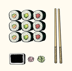 sushi different types of maki delicious food asian japanees restaurant dish draw linear illustration isolated on white background © @avolagrf