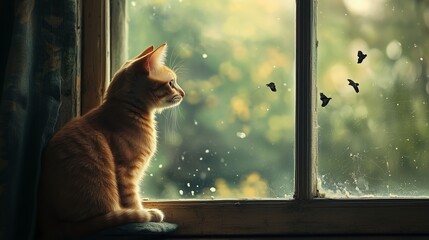 A curious orange cat watches butterflies outside during a sunny afternoon by a window in a cozy room