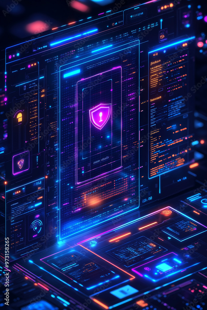 Poster a computer screen with a glowing blue and orange screen with a keypad and a shield. scene is futuris