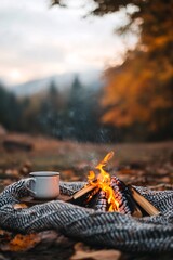 cozy campfire with hot beverage in autumn