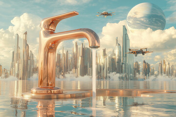 Naklejka premium A magnificent rose gold faucet gracefully pours water in a futuristic landscape beneath a planet