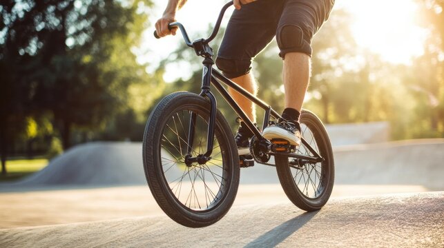 Rider Performing Tricks on BMX Bike in Sunlit Skatepark