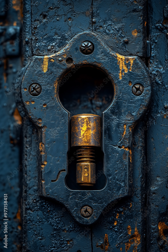 Aufkleber a rusty keyhole with a key sticking out of it. the image has a vintage and rustic feel to it