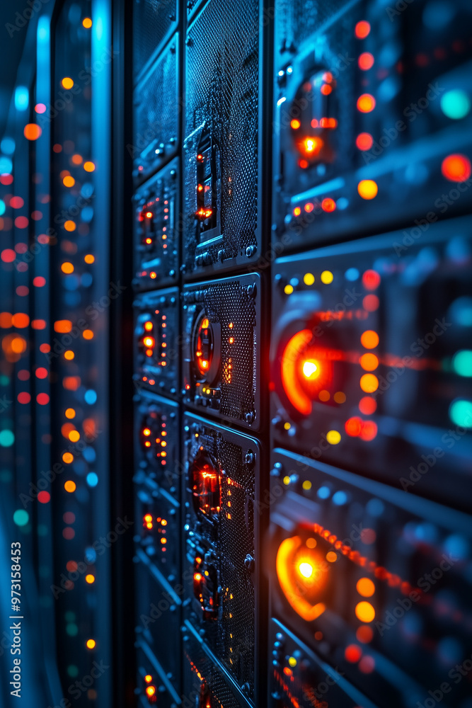 Poster a computer server room with many lights on. the lights are bright and colorful, creating a lively an