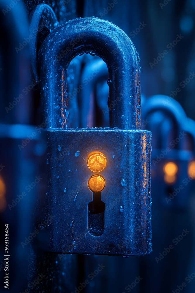 Poster a blue lock with a yellow light on it. the lock is surrounded by other locks. scene is mysterious an