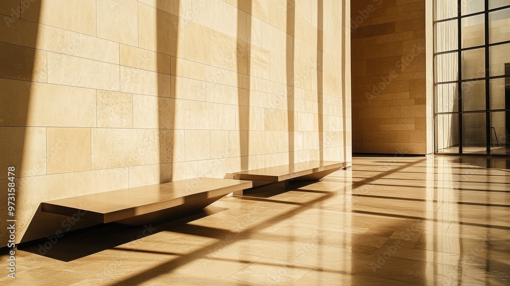 Poster a serene interior space with light and shadow creating a calming atmosphere.