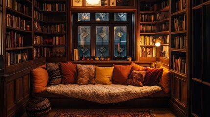 Cozy reading nook with bookshelves and warm lighting.
