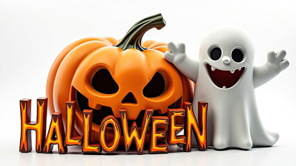 3d halloween text themed decoration with pumpkin and ghost figure holiday festive decoration celebration