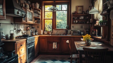 A cozy kitchen with wooden cabinets, sunlight, and a dining table adorned with flowers.