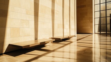 A serene interior space with light and shadow creating a calming atmosphere.