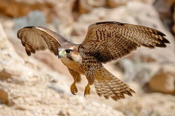 Fototapeta premium Falcon raptor flitting in desert nature wild life animal instinct closeup of falcon bird with generative ai