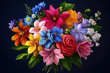 A vibrant bouquet of colorful flowers against a dark background