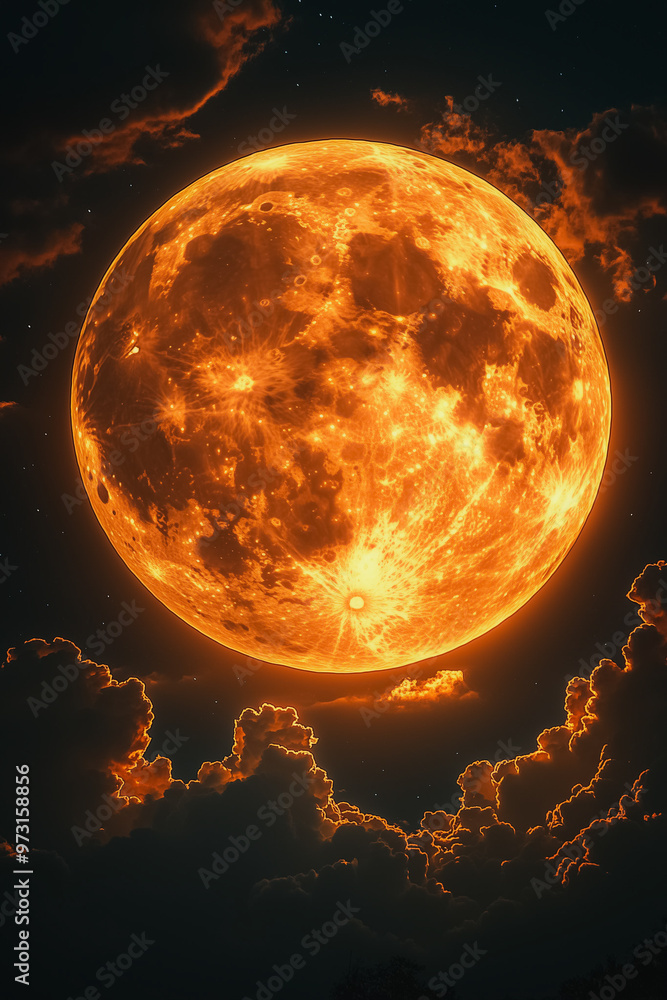 Poster a large orange moon is in the sky with a cloudy background. the moon is surrounded by a dark sky wit