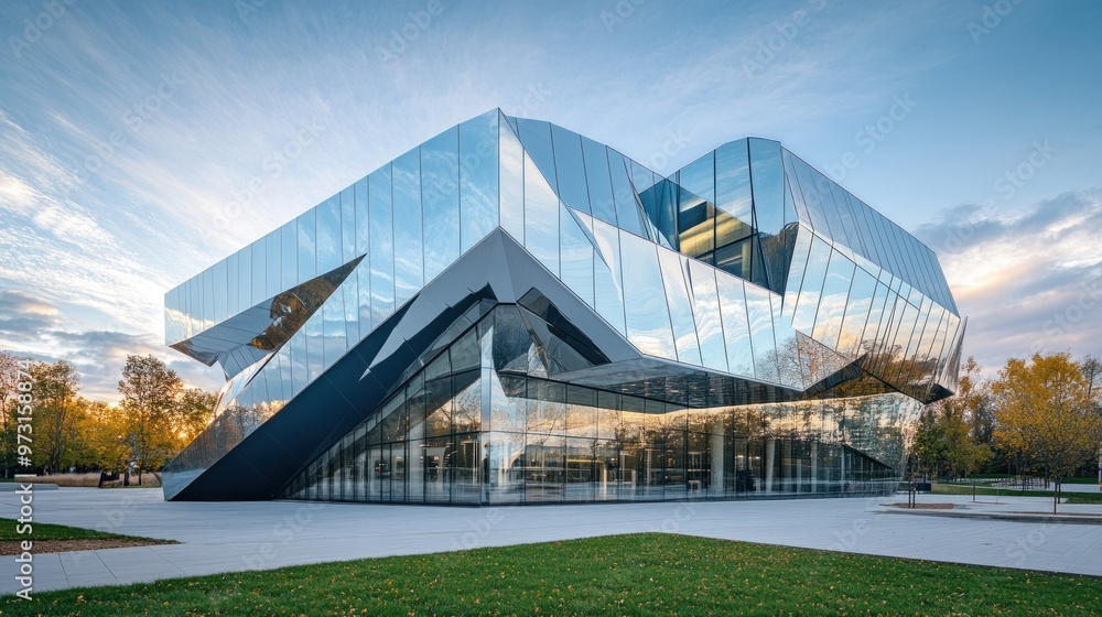 Poster a modern architectural building with angular glass structures reflecting the sky.