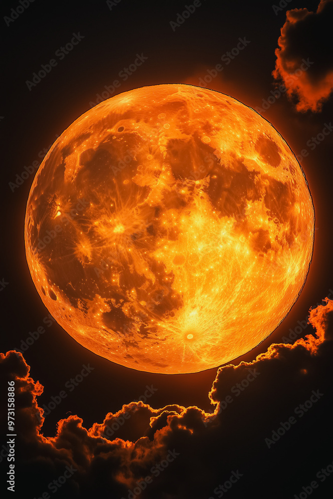 Aufkleber a large orange moon is in the sky with a few clouds. the moon is the main focus of the image and it 