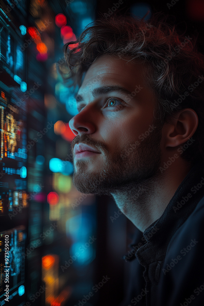 Aufkleber a man with a beard looking at a computer screen with a blurry background. concept of focus and conce