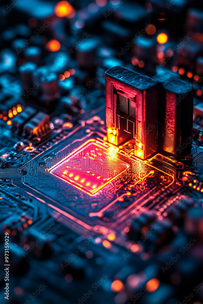 Poster a close up of a computer chip with a red light on it. the chip is surrounded by a blue background