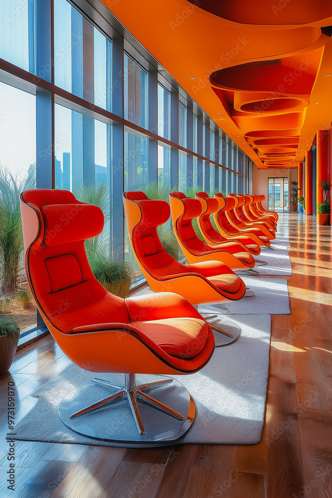 Poster a row of orange chairs are lined up in a room with a view of the outside. the chairs are arranged in
