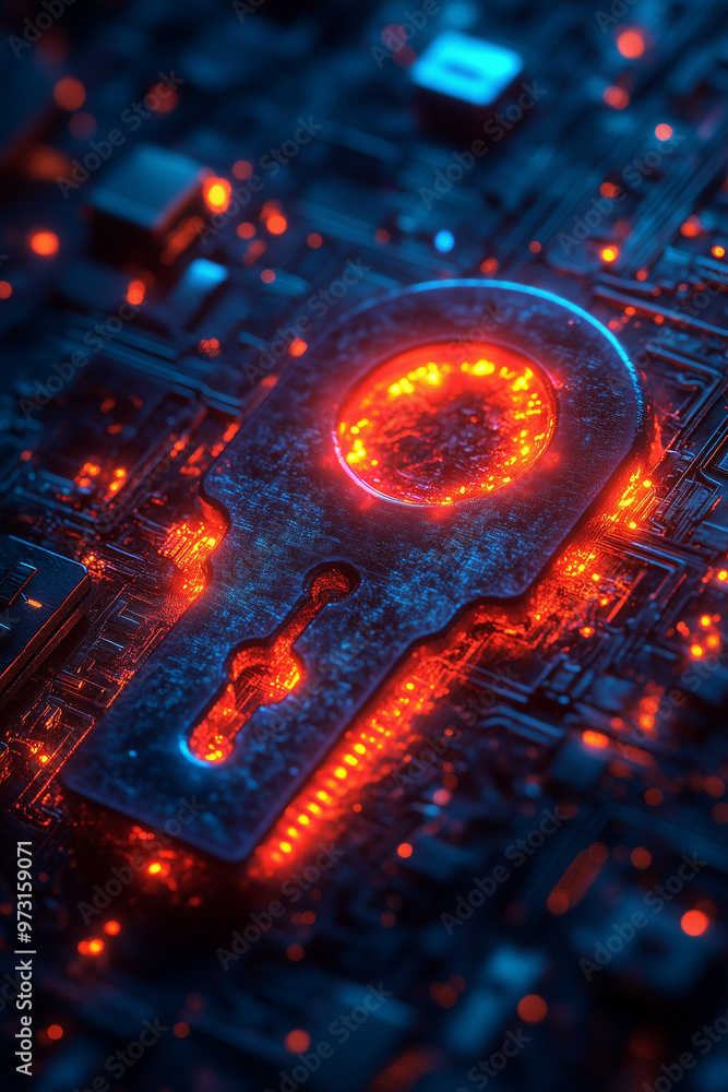 Aufkleber a close up of a key with a red glowing circle around it. the key is surrounded by a blue background