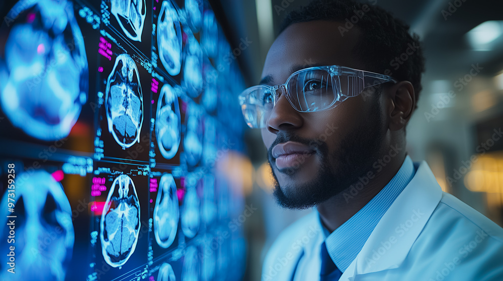 Poster a man in a white lab coat is looking at a computer monitor displaying a series of brain scans