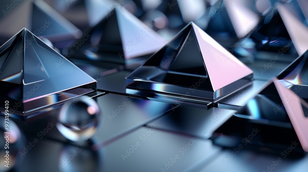 Fototapete wallpaper displaying an array of 3D shapes, including pyramids and spheres, arranged in a grid-like structure with subtle reflections and gradients to enhance the abstract tech theme.
