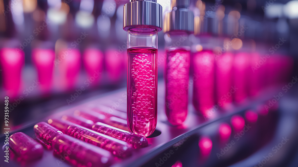 Aufkleber a row of pink bottles with a clear liquid inside. the bottles are lined up on a table