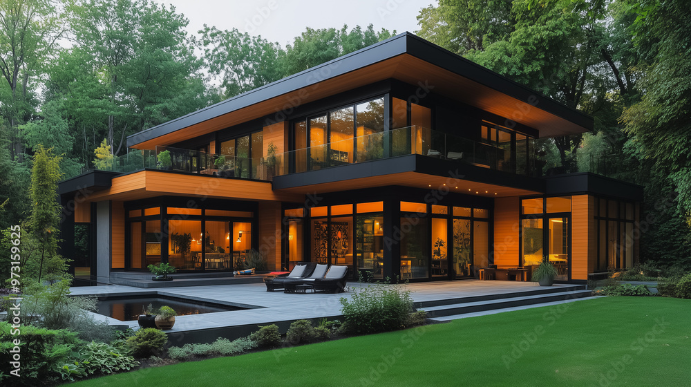 Poster a large house with a pool and a lot of windows. the house is surrounded by trees and has a very mode