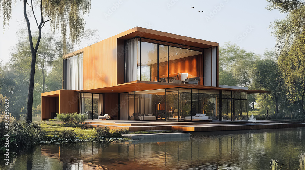 Poster a large house with a large window overlooking a lake. the house is surrounded by trees and has a mod