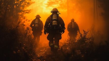 Fototapeta premium Three firefighters are walking through a forest in the evening. The sky is orange and the trees are dark