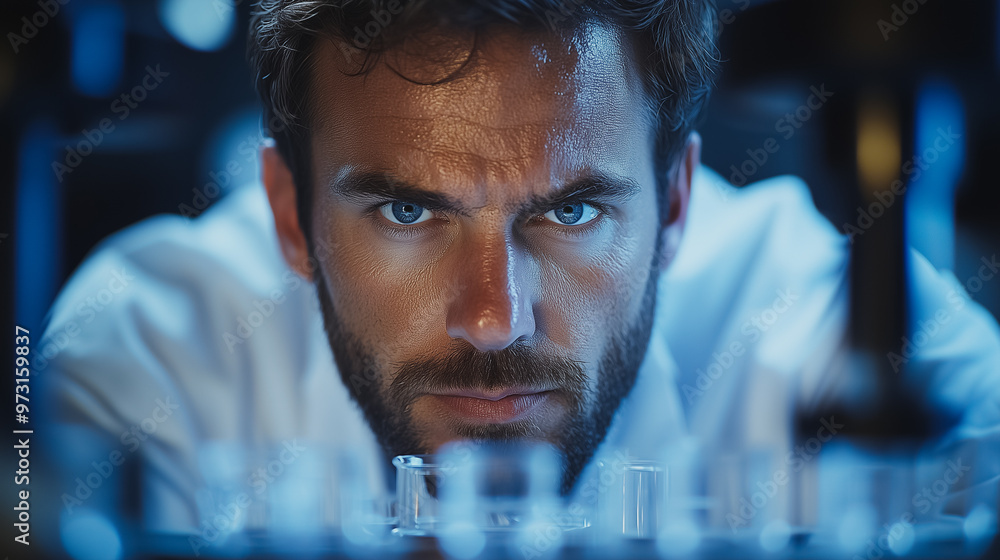 Poster a man with a beard and blue eyes is looking at something on a table. the table is filled with variou