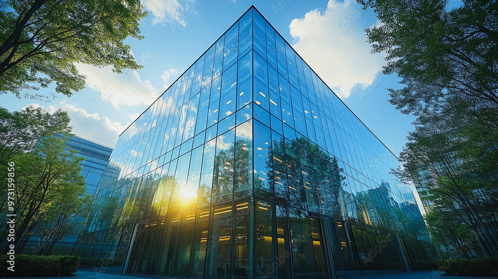 Aufkleber a large glass building with a lot of windows and trees in the background. the sun is shining on the 