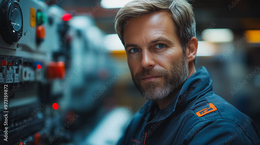 Poster a man in a blue jacket is standing in front of a control panel. he is looking directly at the camera