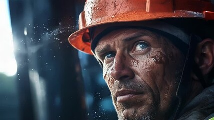 Close up portrait of a sweating construction worker catching his breath, with rain trickling down his face, showcasing resilience and professionalism in the industry