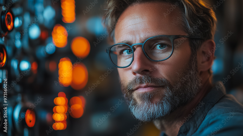 Poster a man with glasses is looking at the camera. the image has a moody and mysterious feel to it, as the