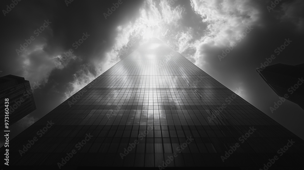 Poster a tall building with a cloudy sky in the background. the sky is filled with clouds and the sun is sh