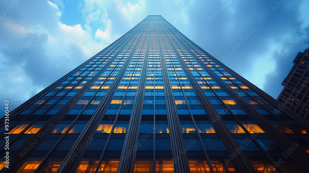 Poster a tall building with many windows and a cloudy sky in the background. the building is lit up at nigh