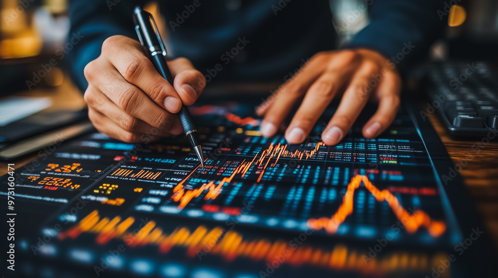 Aufkleber a man is writing with a pen on a piece of paper with a lot of numbers and graphs. concept of focus a
