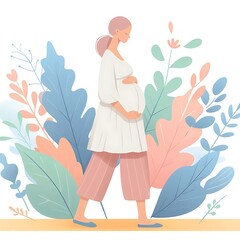 A flat-style illustration of a pregnant woman standing gracefully, surrounded by soft leaves. Ideal for maternity, wellness, and nature-themed designs. Simple, elegant, and calming composition.
